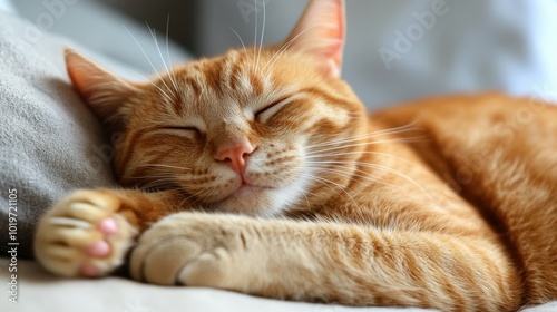 Close-up of a ginger cat enjoying grooming with a brush, eyes shut in contentment, symbolizing animal wellness and comfort.