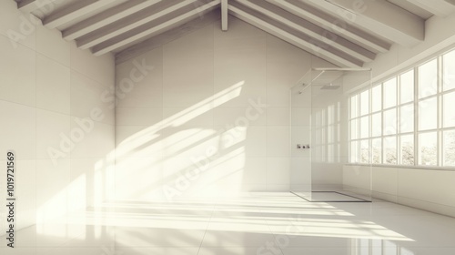 A bright, minimalist interior with large windows and natural light.