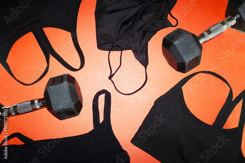 Sport training fitness workout exercise: sports bra & dumbbells photo