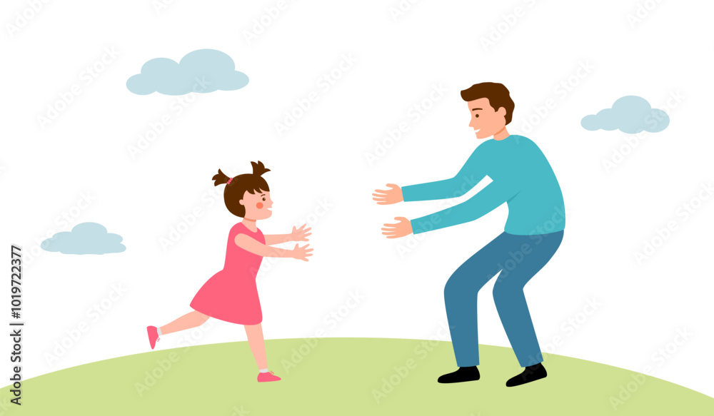 Daughter running into her father's arms in flat design. Best dad ever. Daughter running into her father's arms in flat design. Best dad ever.