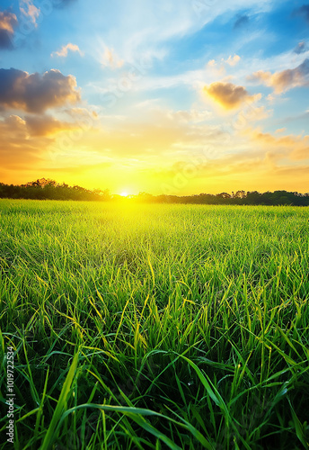 Beautiful panoramic natural landscape, Green field and blue sky with clouds Landscape, green field blue sky with clouds