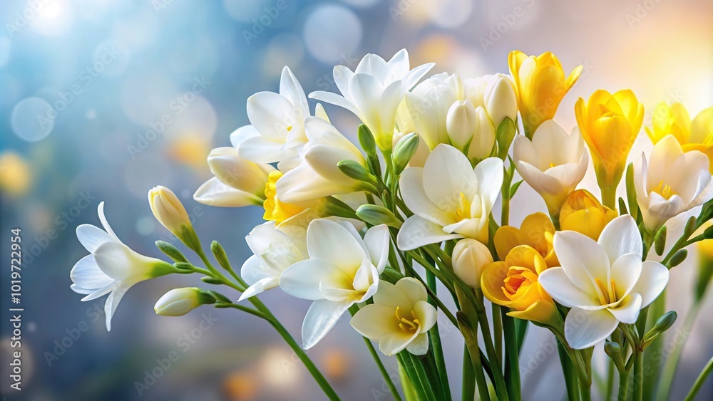 Beautiful white and yellow Freesia flowers in a long shot