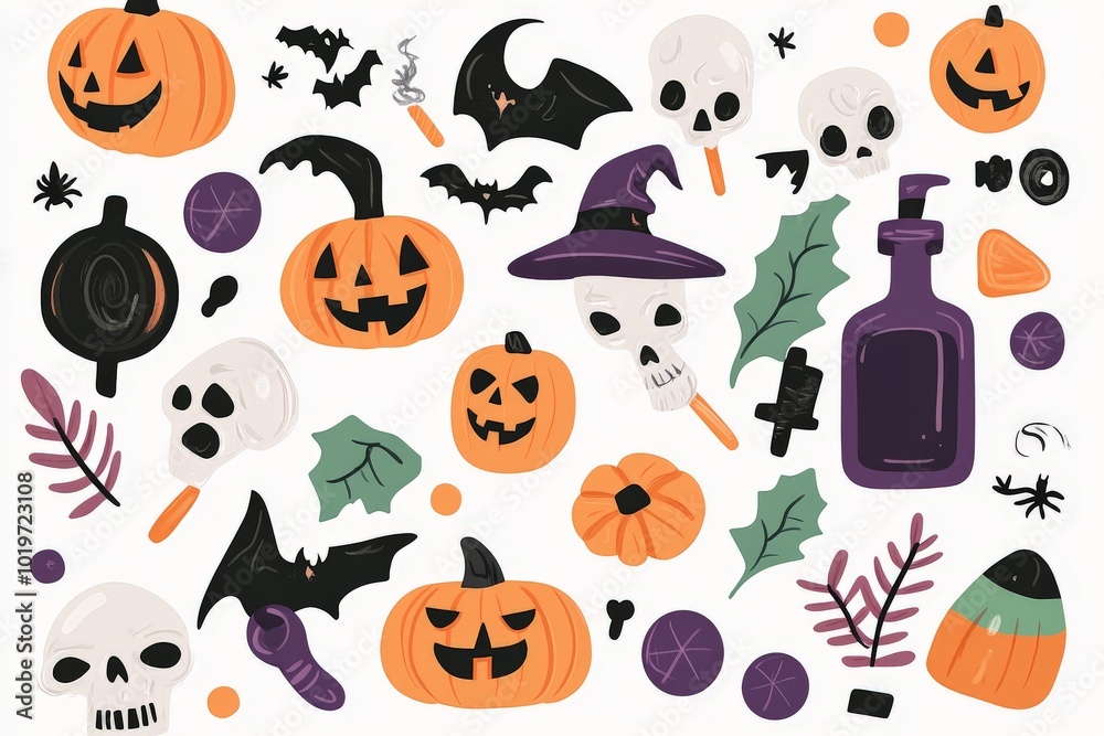 Obraz premium Halloween-themed Design with Pumpkins, Skulls, Bats, Witch Hat, Spooky Objects in Various Colors