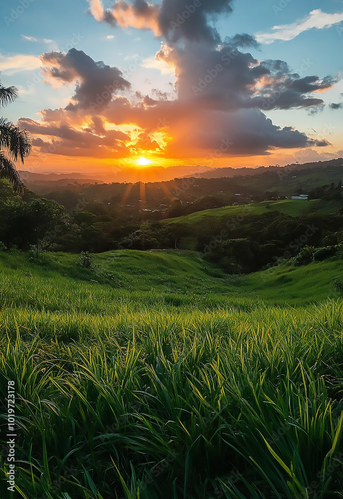 Obraz premium Beautiful panoramic natural landscape, Green field and blue sky with clouds Landscape, green field blue sky with clouds
