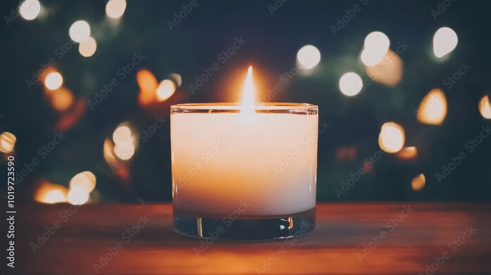 A single candle glows brightly against a backdrop of blurred lights. A single candle glows brightly against a backdrop of blurred lights.