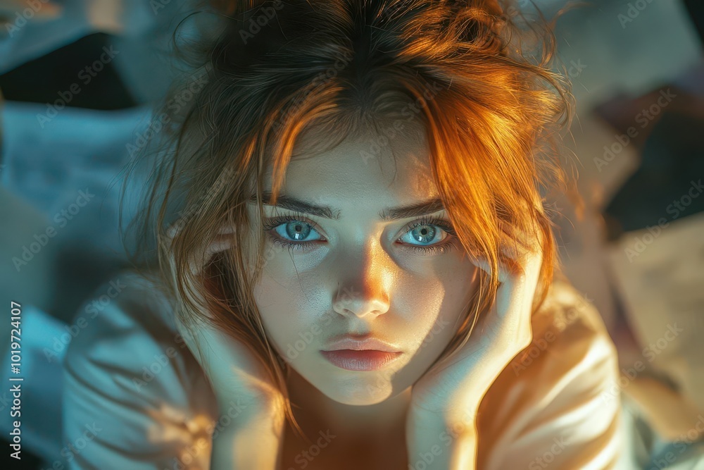 stressed young woman depicted amidst a chaotic work environment capturing the pressures of modern life with dramatic lighting and expression highlighting her emotional state of overwhelm stressed young woman depicted amidst a chaotic work environment capturing the pressures of modern life with dramatic lighting and expression highlighting her emotional state of overwhelm