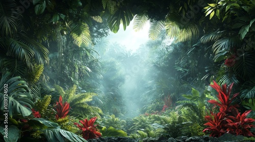 Lush Tropical Jungle with Red Flowers and Sunlight Filtering Through Foliage photo