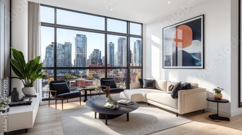 Modern living room with city skyline view, featuring minimalist decor and natural light.