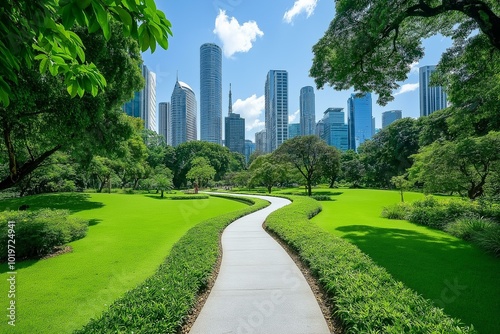 A serene city park with a winding path, lush greenery, and skyscrapers under a clear blue sky, ideal for relaxation and reflection.