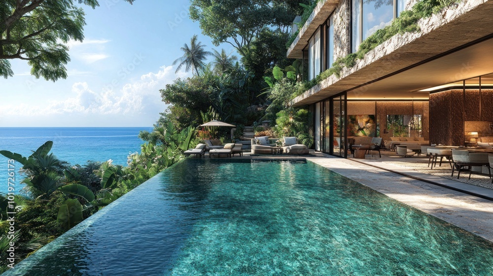 Fototapeta premium Luxurious villa with infinity pool overlooking ocean and greenery.