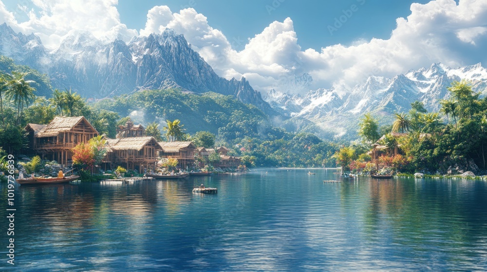 Fototapeta premium Serene lakeside village surrounded by mountains and lush greenery.