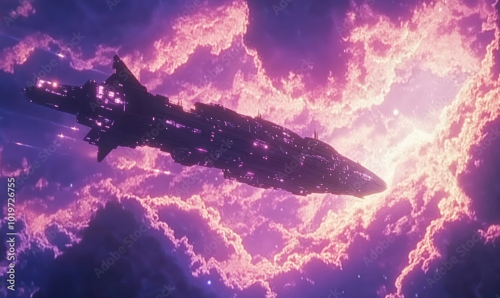 Fototapeta premium A futuristic spaceship soars through a pink and purple sky with white clouds in the background.