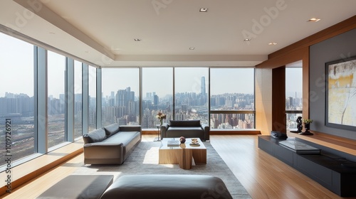 Modern living room with city skyline view, showcasing elegance and comfort.