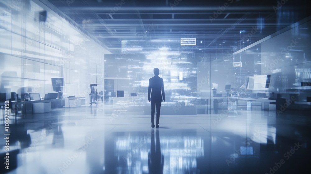 A solitary figure stands in a futuristic, tech-driven office space filled with digital displays. A solitary figure stands in a futuristic, tech-driven office space filled with digital displays.