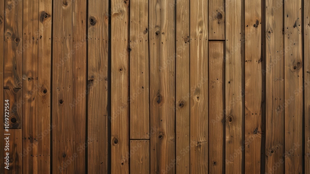 Fototapeta premium Close-up of a rustic wooden wall with vertical planks, featuring a rich brown color and natural wood grain texture.
