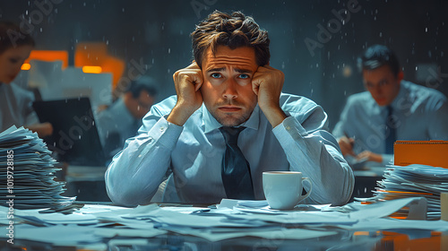 A businessman sits at an office table, surrounded by papers, a laptop, and a cup of coffee, deep in thought while strategizing for an upcoming project. The image captures the essence of professionalis photo