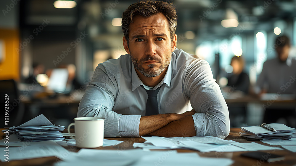 A businessman sits at an office table, surrounded by papers, a laptop, and a cup of coffee, deep in thought while strategizing for an upcoming project. The image captures the essence of professionalis A businessman sits at an office table, surrounded by papers, a laptop, and a cup of coffee, deep in thought while strategizing for an upcoming project. The image captures the essence of professionalis