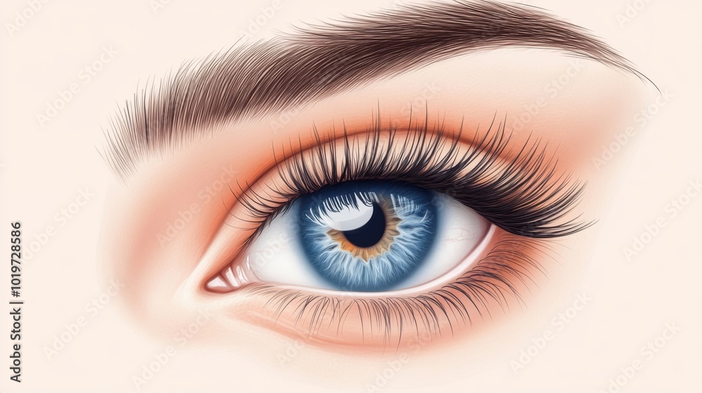 Detailed view of a blue female eye with thick eyelashes and healthy skin. Eyelash extension, eyebrow shaping, and smooth complexion. Good vision concept. Detailed view of a blue female eye with thick eyelashes and healthy skin. Eyelash extension, eyebrow shaping, and smooth complexion. Good vision concept.