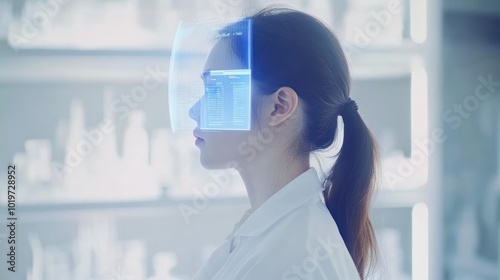 A woman with a futuristic visor displays digital data in a lab setting.