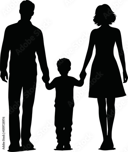 silhouette of a family of four holding hands, capturing the essence of unity and love. Ideal for designs that celebrate togetherness, harmony, and familial bonds