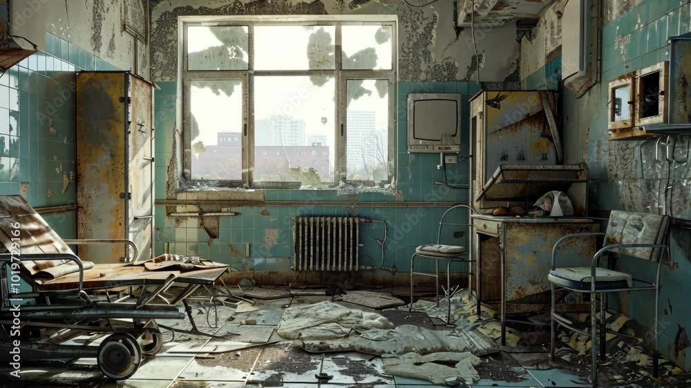 A hospital room abandoned and decaying, with broken windows and a single hospital bed left behind A hospital room abandoned and decaying, with broken windows and a single hospital bed left behind