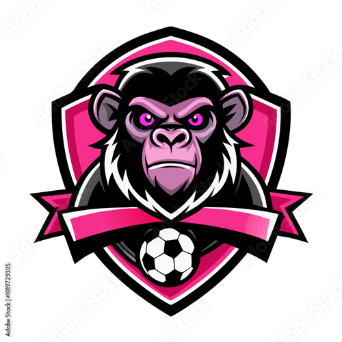 Chimpanzee Soccer Mascot: A fierce chimpanzee mascot with piercing eyes, gripping a soccer ball, is emblazoned on a pink shield with a ribbon, ready to lead its team to victory.  