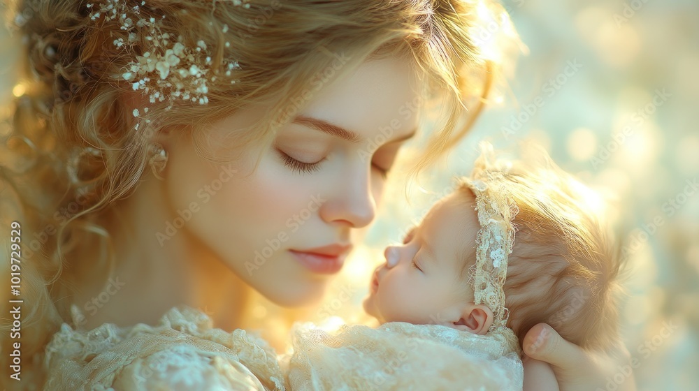 A tender moment between a mother and her newborn in soft light. A tender moment between a mother and her newborn in soft light.