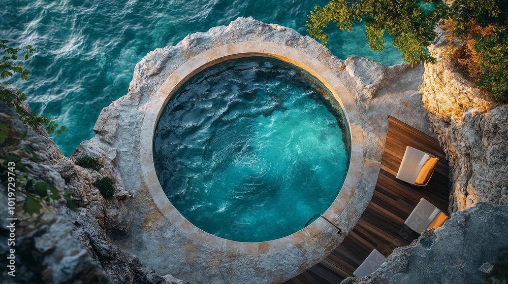 Obraz premium A top-down view of a circular saltwater pool with tranquil turquoise water, surrounded by natural stone walls, creating a peaceful spa environment