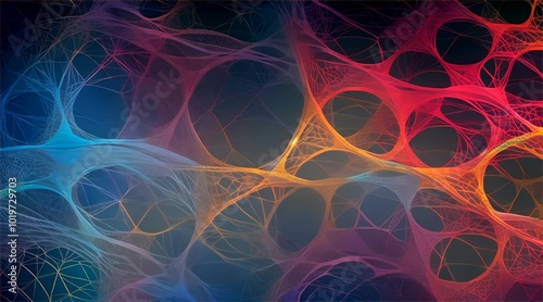 Colorful Abstract Neural Network Pattern with Blue, Red, and Orange Interconnected Lines on a Dark Background