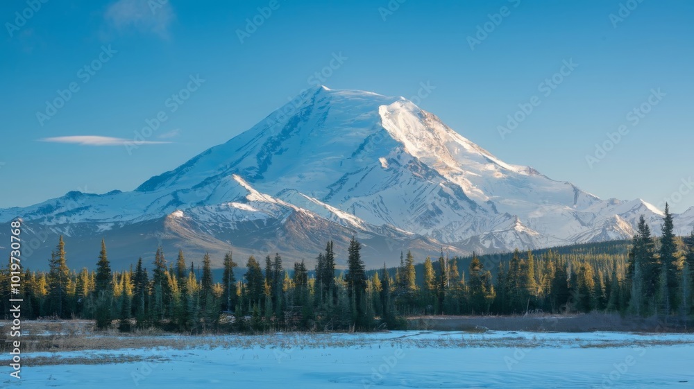 Breathtaking Snow-Capped Mountain in Alaska, Stunning View of Evergreen Trees and Bright Blue Sky Breathtaking Snow-Capped Mountain in Alaska, Stunning View of Evergreen Trees and Bright Blue Sky