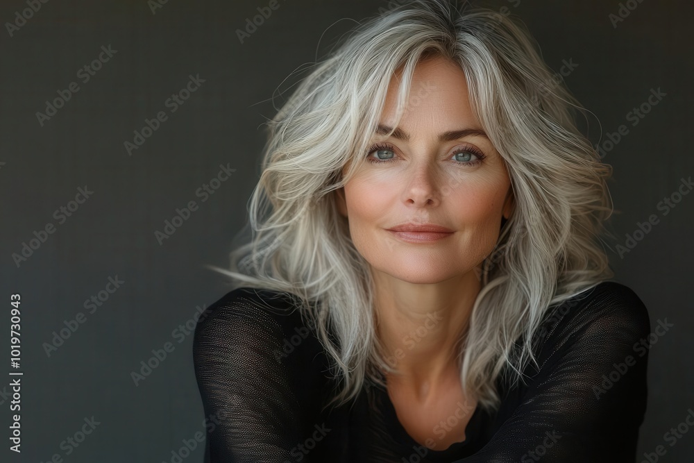 Fototapeta premium studio portrait of a stylish middleaged woman aged 5055 exuding confidence and charm against a soft grey backdrop showcasing her vibrant personality and elegance