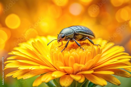 Beetle crawling on vibrant yellow Calendula flower with blurred background Close-Up