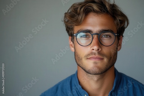 studio portrait of handsome young man with short brown hair and stylish eyeglasses crisp blue shirt against pure white background professional and approachable expression