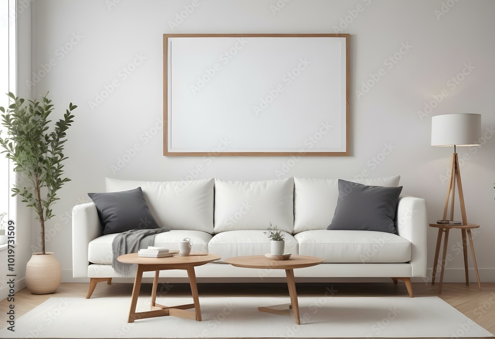 A white sofa with wooden legs in a minimalist living room setting, with a large blank white frame on the wall above the couch. A white sofa with wooden legs in a minimalist living room setting, with a large blank white frame on the wall above the couch.