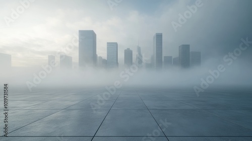 Foggy city skyline with tall buildings in the background, framed by an expansive open concrete floor. Concept of urban landscapes and modern architecture.