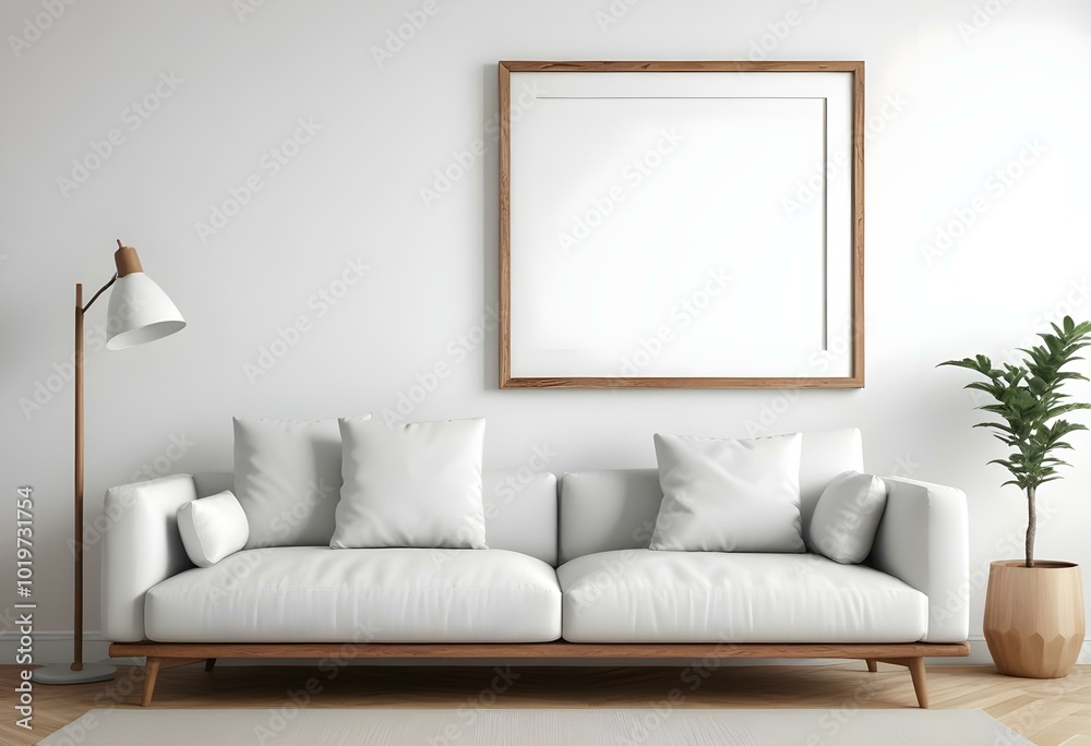 A white sofa with wooden legs in a minimalist living room setting, with a large blank white frame on the wall above the couch. A white sofa with wooden legs in a minimalist living room setting, with a large blank white frame on the wall above the couch.
