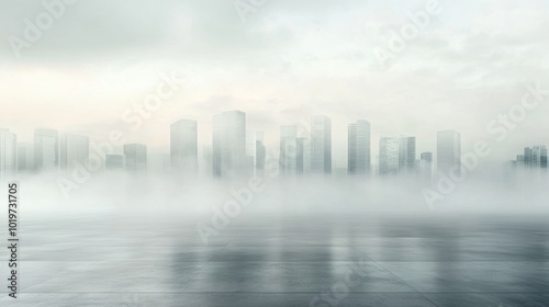 Foggy city skyline with tall buildings in the background, framed by an expansive open concrete floor. Concept of urban landscapes and modern architecture.