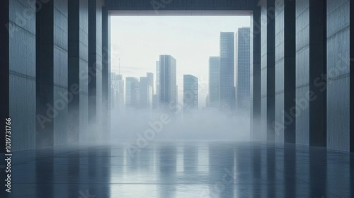 Foggy city skyline with tall buildings in the background, framed by an expansive open concrete floor. Concept of urban landscapes and modern architecture.
