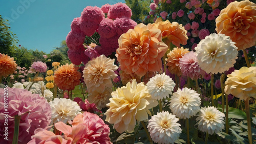 A vibrant garden of giant blooming flowers in shades of orange, pink, and white, creating a stunning, colorful floral display under a clear blue sky...