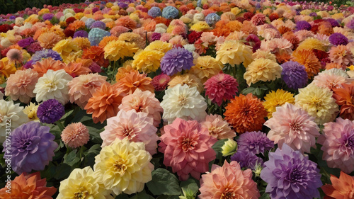 A vibrant garden of giant blooming flowers in shades of orange, pink, and white, creating a stunning, colorful floral display under a clear blue sky...