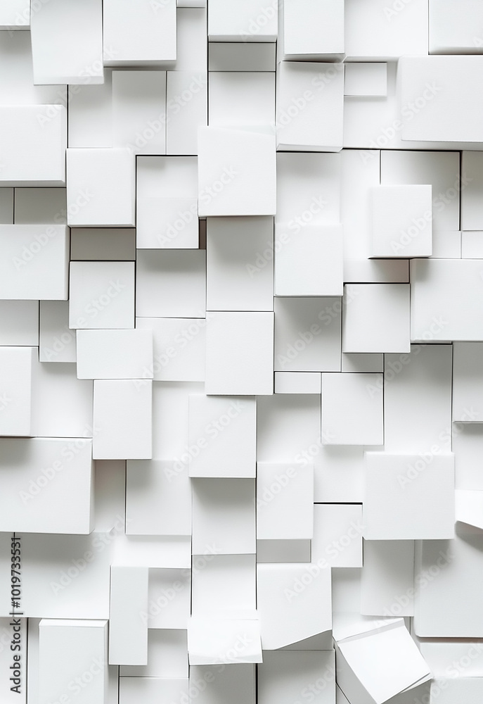Abstract background with numerous white 3D cubes randomly arranged, creating a geometric and modern visual effect Abstract background with numerous white 3D cubes randomly arranged, creating a geometric and modern visual effect
