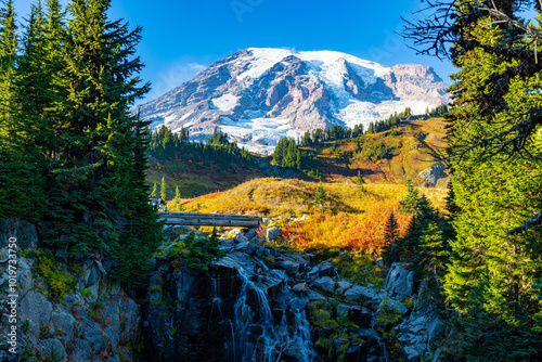 Mount Rainier in Fall with Waterfall and Wildflowers photo