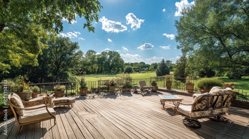 Fototapeta premium A serene outdoor patio overlooking a lush green landscape under a bright blue sky.