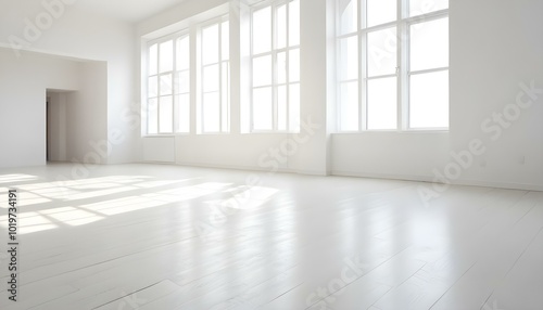 Empty white room with large windows and wooden floor.