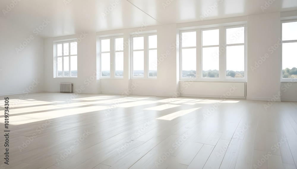 Fototapeta premium Empty white room with large windows and wooden floor.
