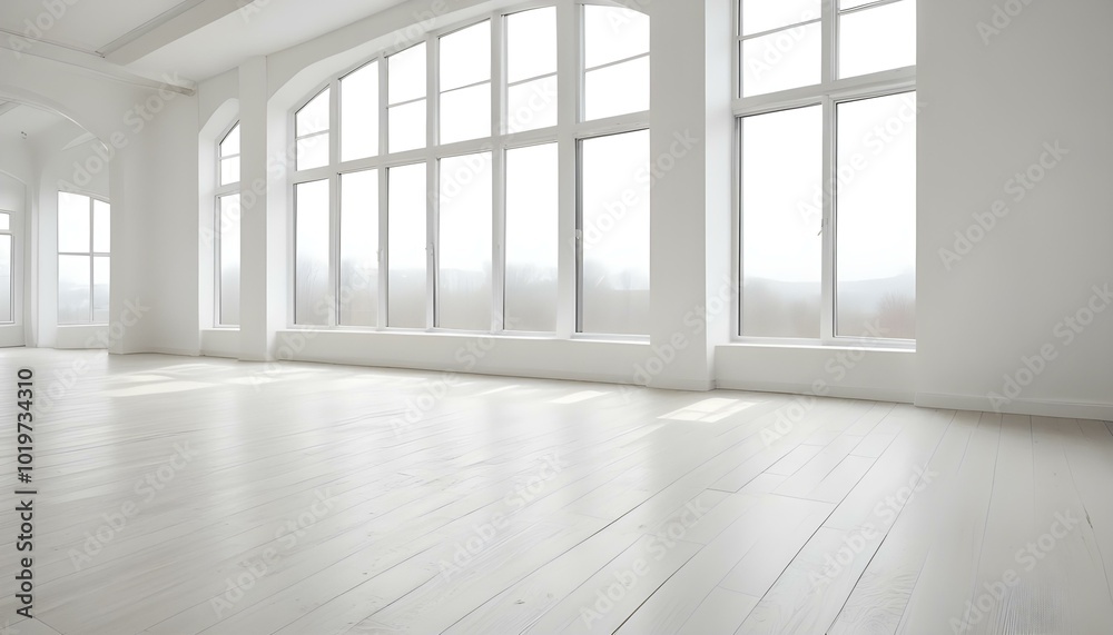 Fototapeta premium Empty white room with large windows and wooden floor.