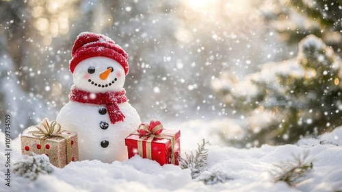 Snowman and holiday gift boxes placed in a snowy winter wonderland, with snow-covered trees in the background.