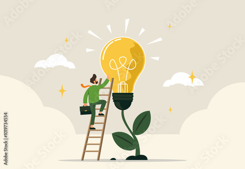 Businessman Climbing Ladder to Reach Shining Idea