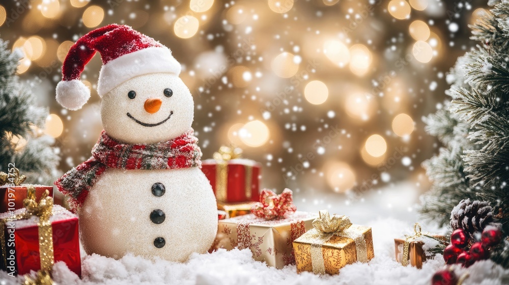 Snowman standing tall in a winter wonderland, accompanied by holiday gift boxes and snow-covered trees, creating a festive scene. Snowman standing tall in a winter wonderland, accompanied by holiday gift boxes and snow-covered trees, creating a festive scene.