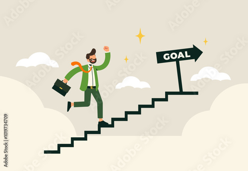 Businessman Climbing Stairs Towards Goal Success